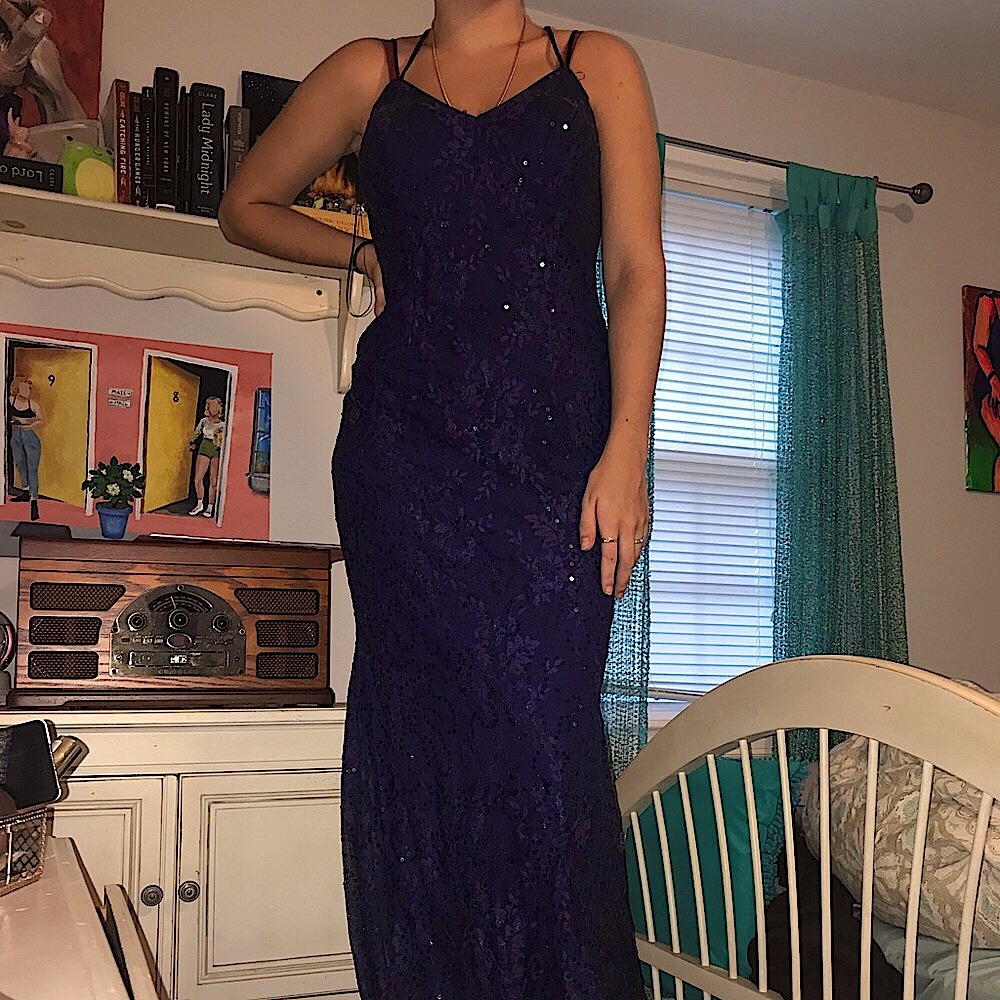 navy sequin prom dress